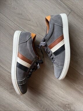 Men's Gray Suede Low-Top Sneakers with Brown & Black Stripes